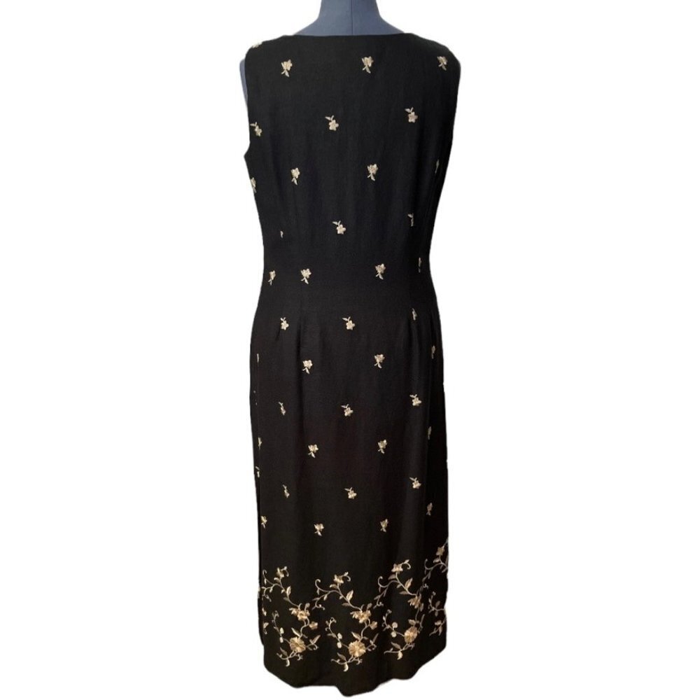 Vintage JACK MULQUEEN NY Women's Size 14 Black Linen Sheath Dress Tan Embroidery - Picture 3 of 8